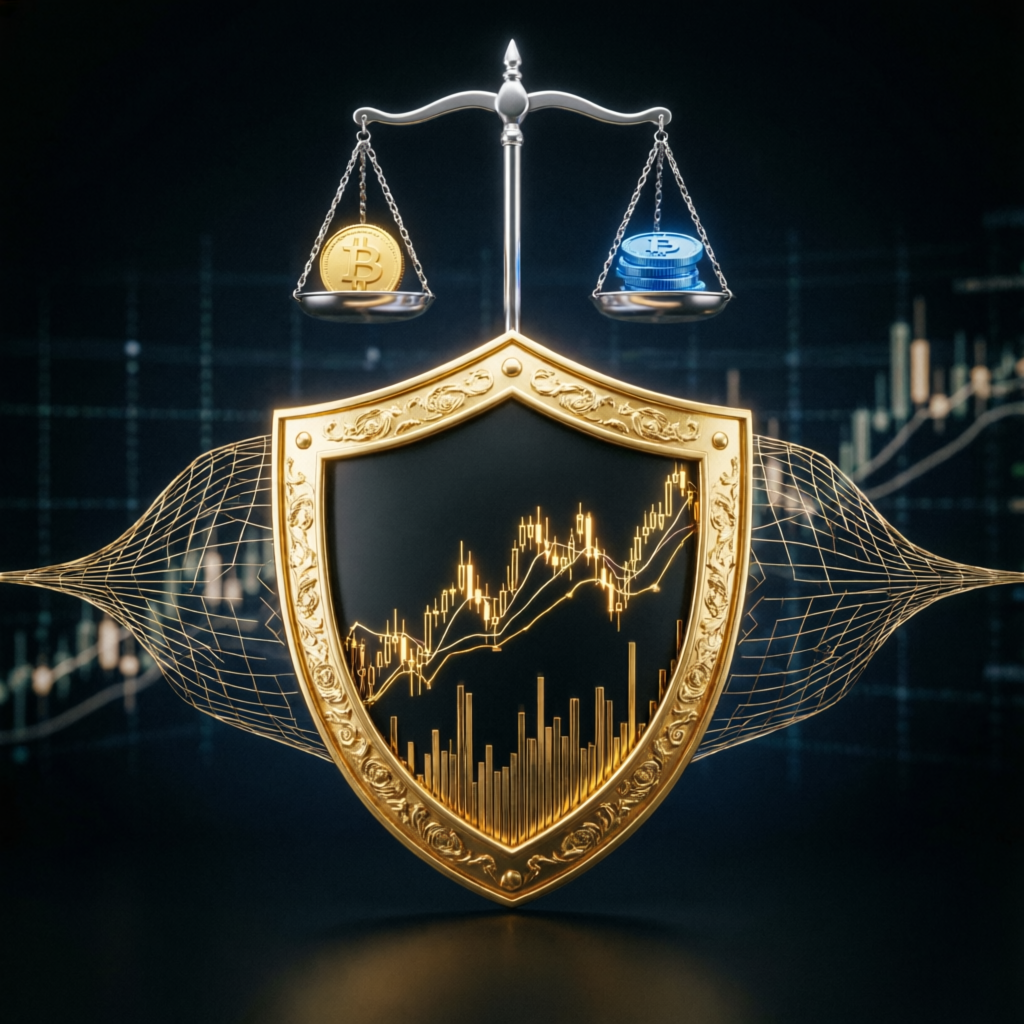 Risk management visualization with golden shield protecting trading charts