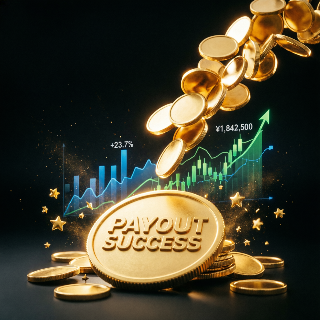 Topstep Trading Combine payout success visualization with golden coins and profit charts