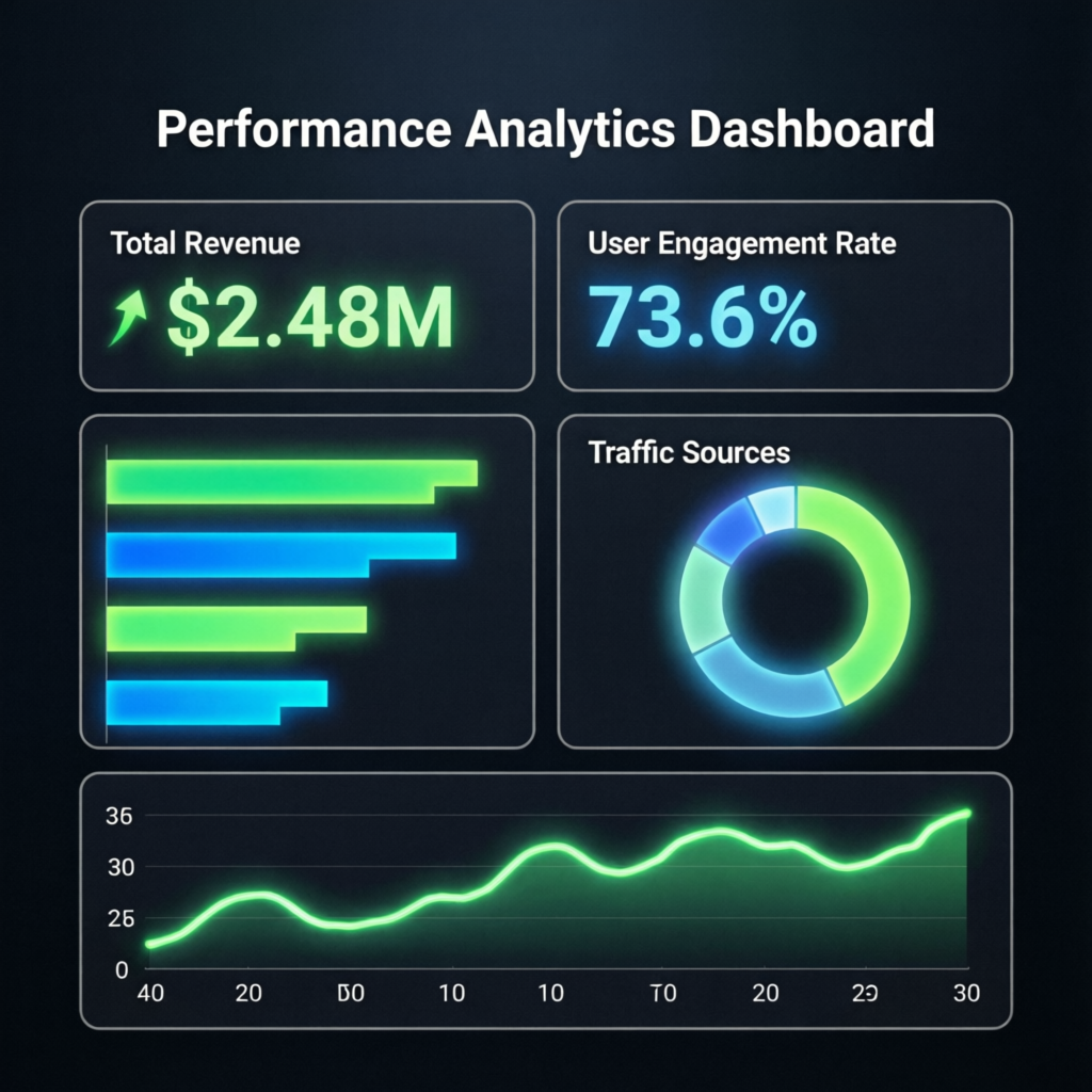Performance analytics dashboard with multiple KPI metrics and charts