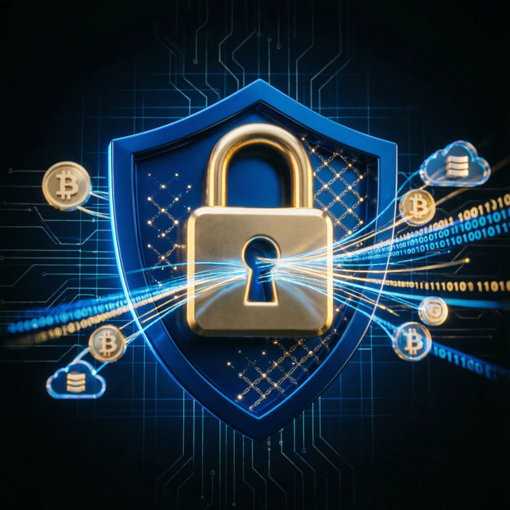 Trust and security concept with shield and padlock protecting digital assets