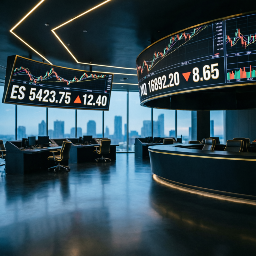 Futures trading floor with ES and NQ market data displays