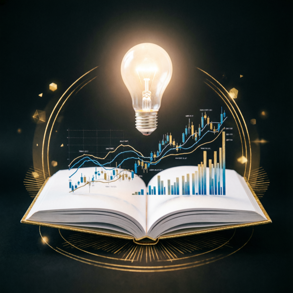 Educational trading concept with book and financial charts