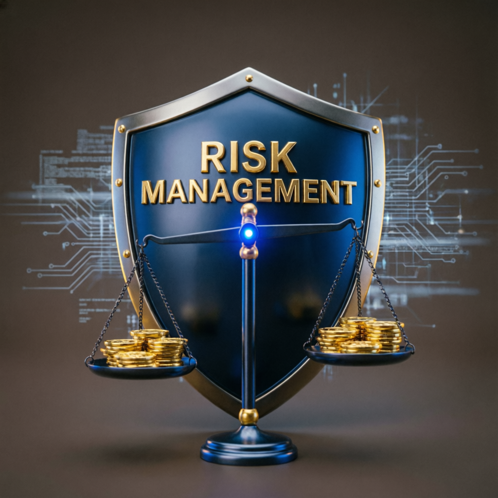 Risk management shield protecting trading capital with balance scale