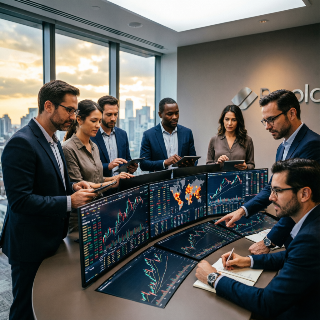 Professional team of expert forex traders analyzing market data