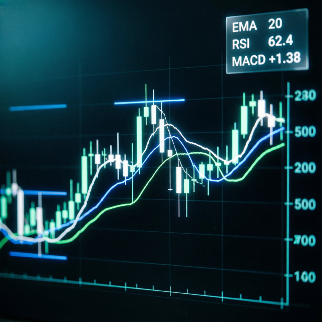 Professional forex trading strategy with candlestick charts and technical indicators