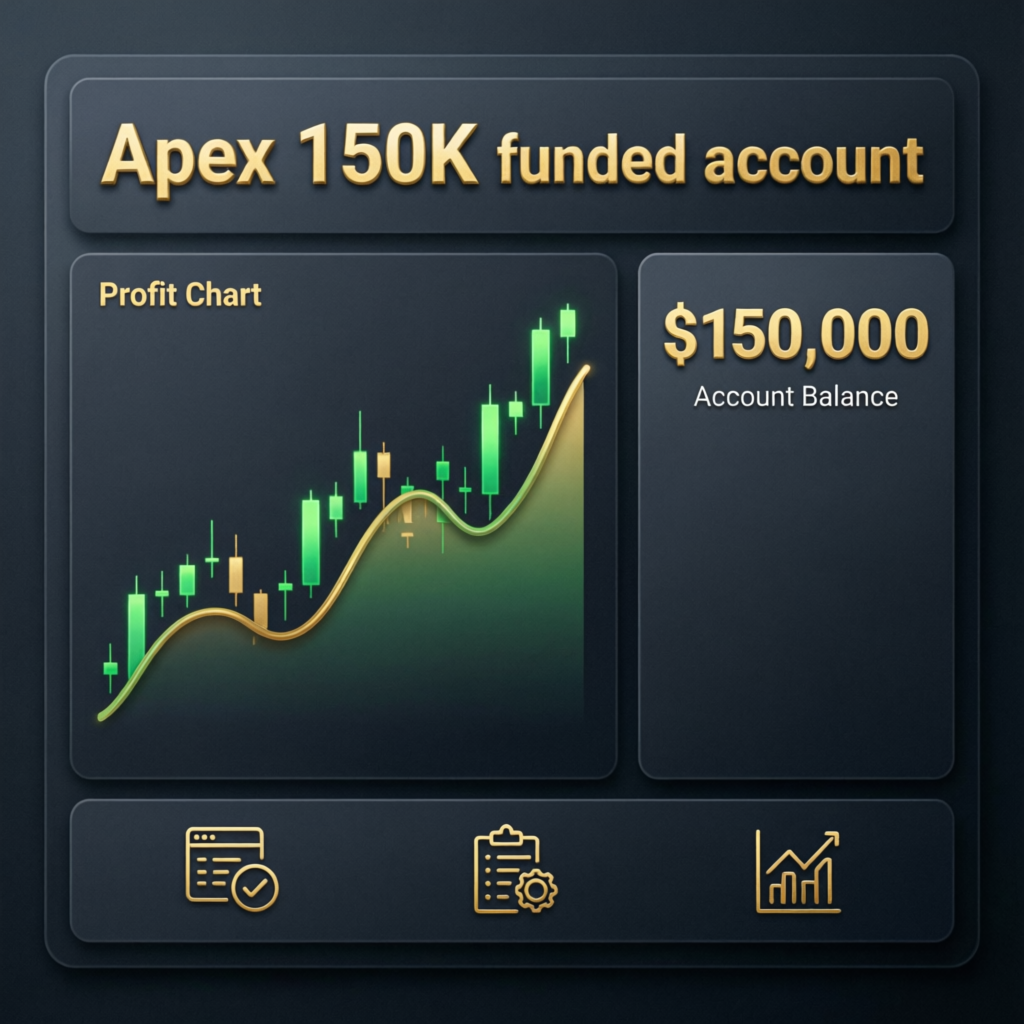 Apex 150K funded account dashboard showing profit chart and $150,000 balance
