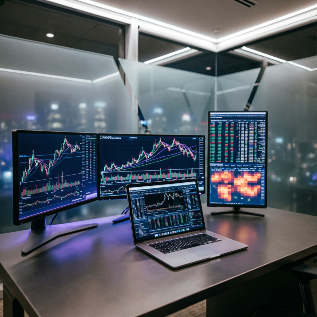 Professional trading workspace with multiple monitors showing Apex Trader Funding charts
