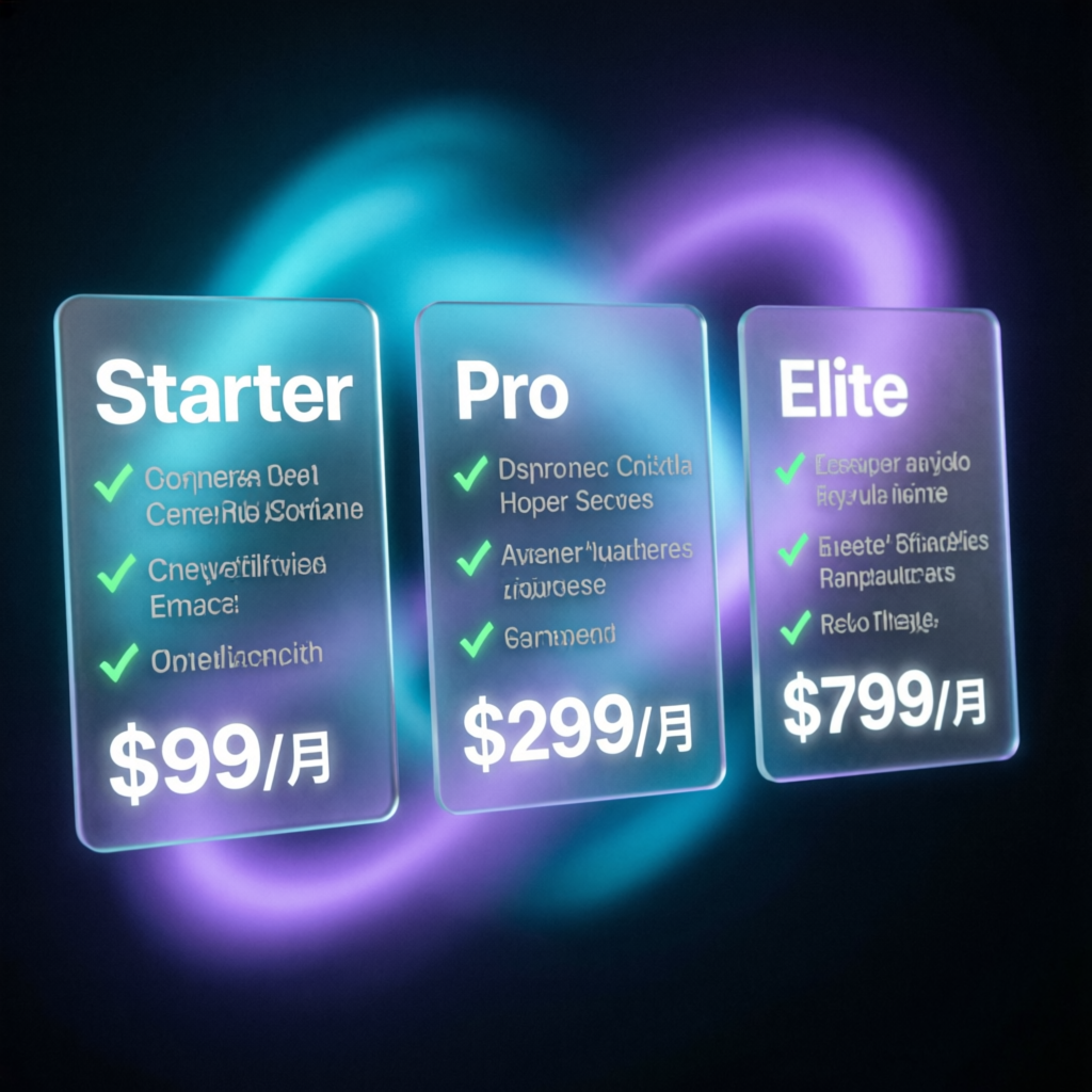 Pricing tiers comparison with glassmorphism design
