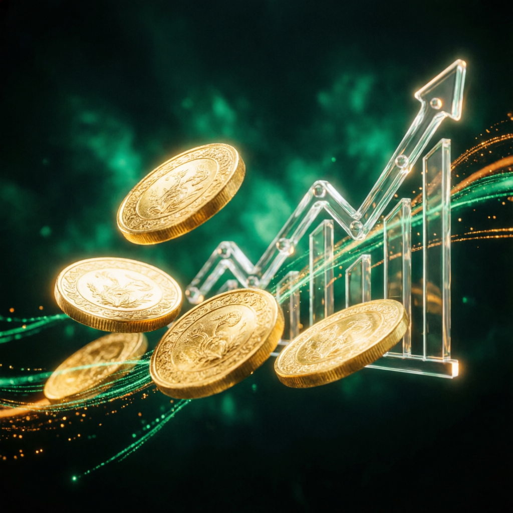 Financial success visualization with golden coins and upward trending charts