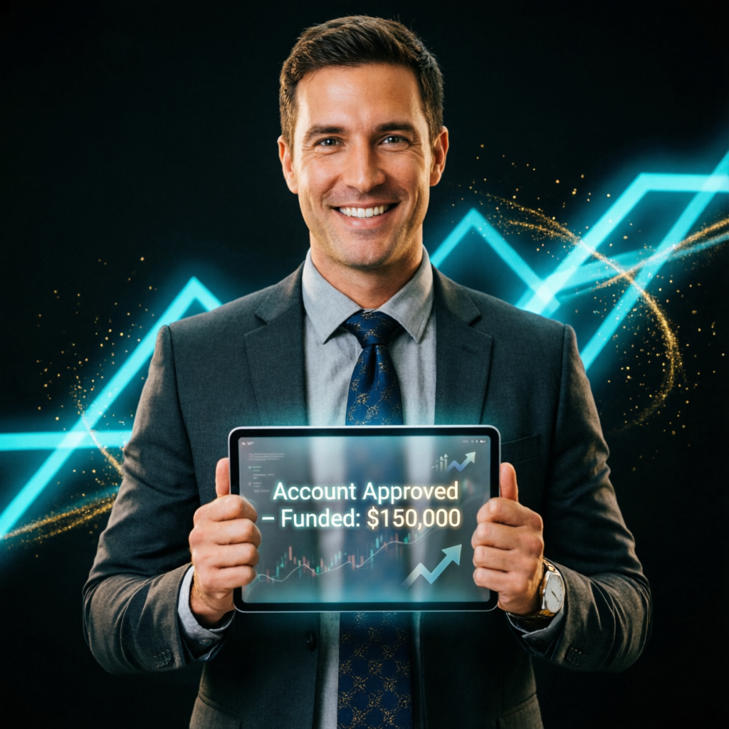 Professional trader holding tablet showing funded account approval