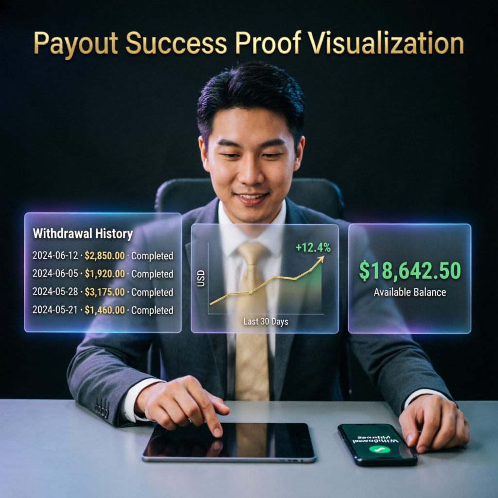 Payout success proof visualization showing withdrawal history and available balance