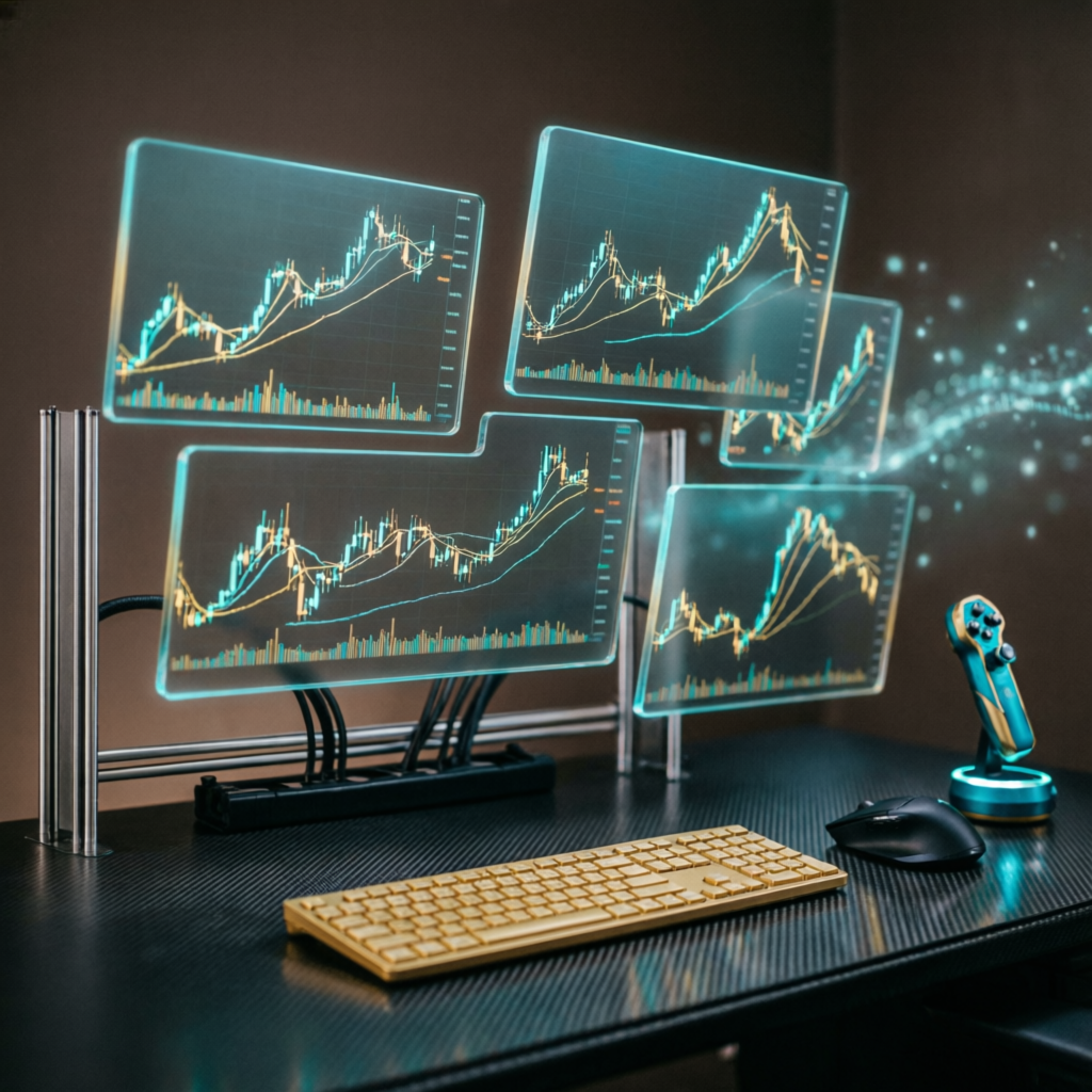 Trading strategy workspace with multiple screens showing futures charts