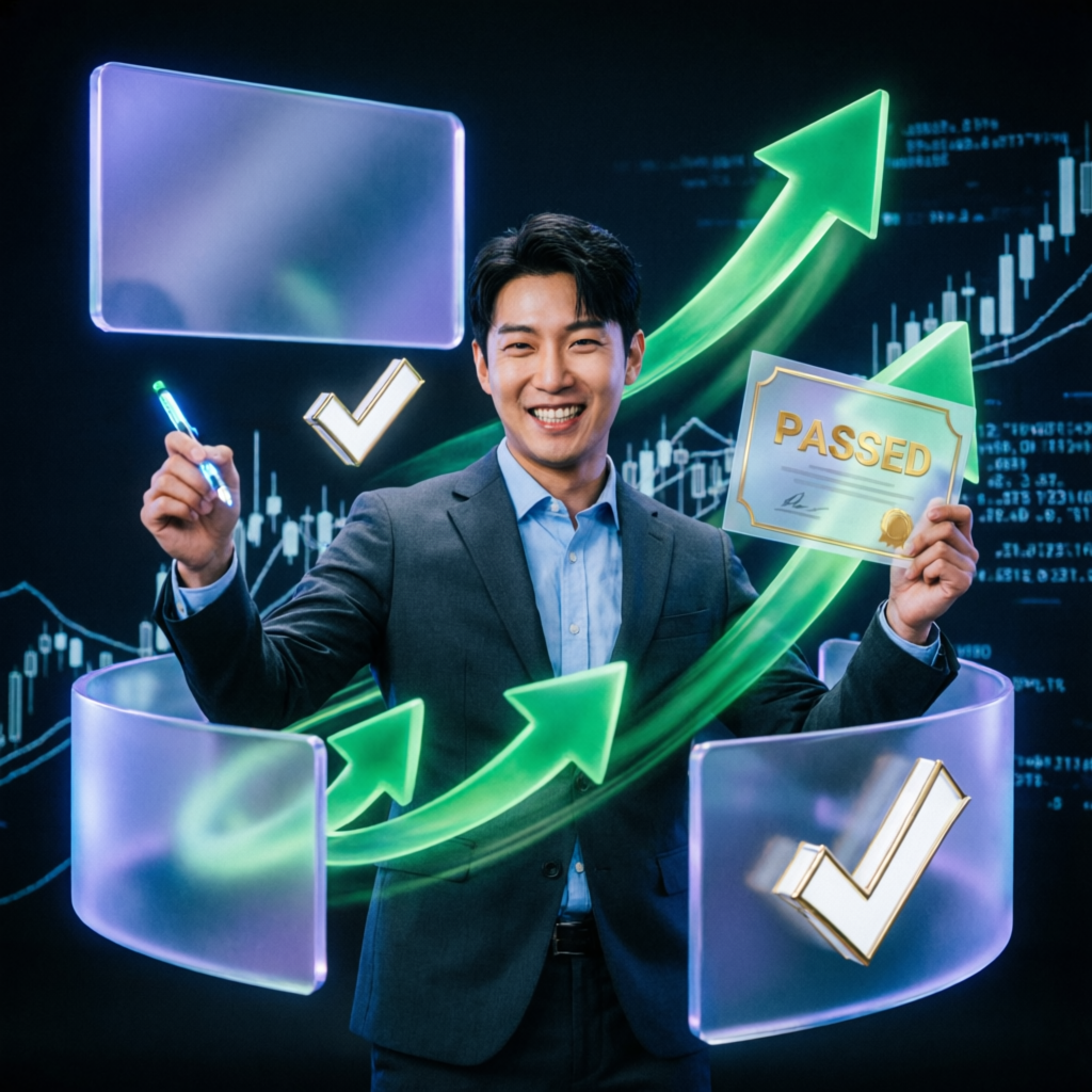Trader celebrating passing prop firm challenge with success indicators