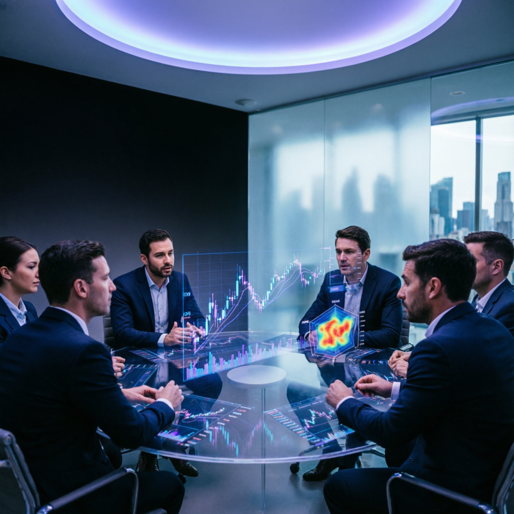 Professional trading team collaboration with holographic charts