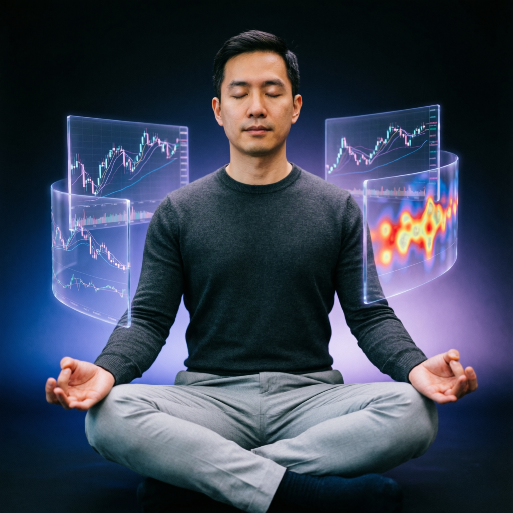 Trading psychology and discipline concept with trader meditating