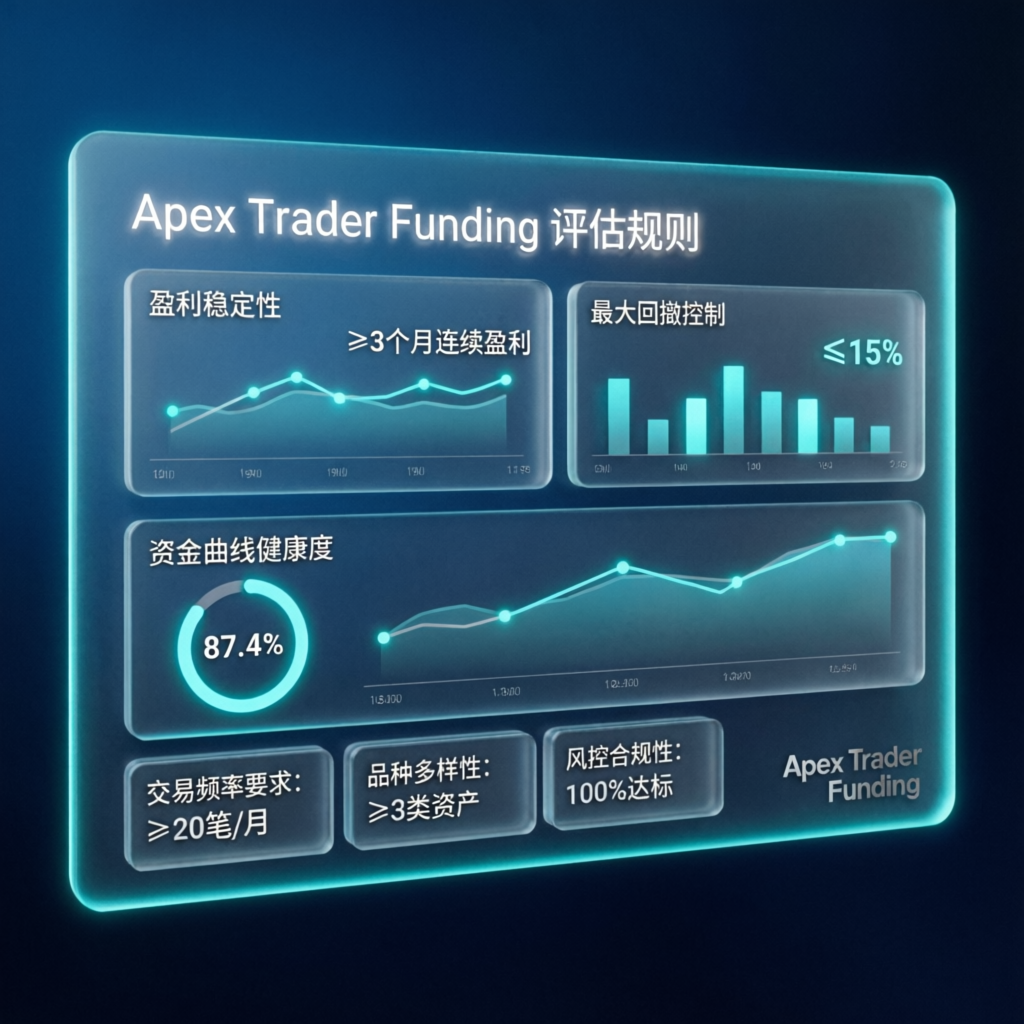Apex Trader Funding evaluation rules dashboard showing profit targets and drawdown limits