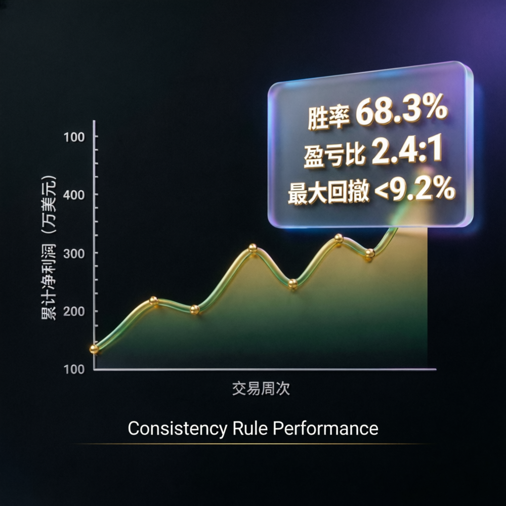 Consistency rule performance chart showing steady profit growth over trading weeks