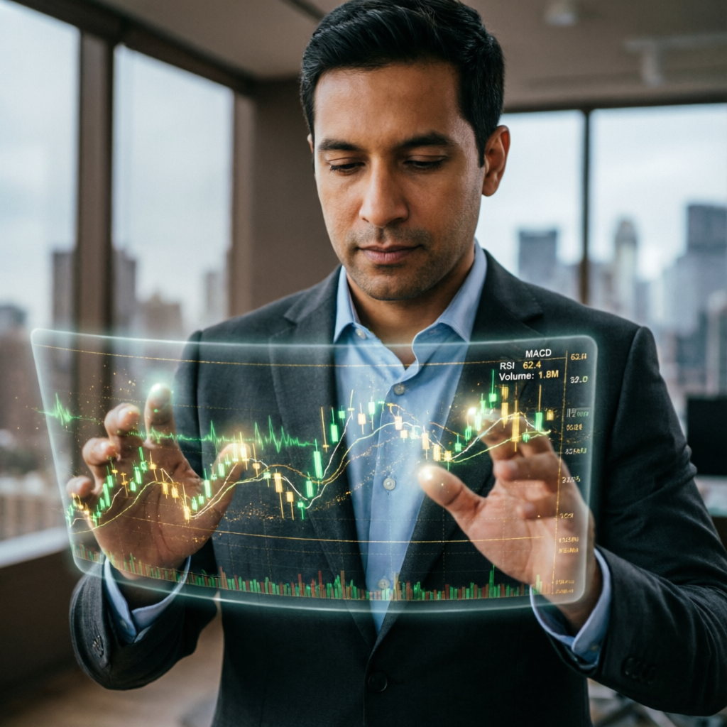 Professional trader analyzing candlestick charts on holographic display representing Apex Trader Funding evaluation