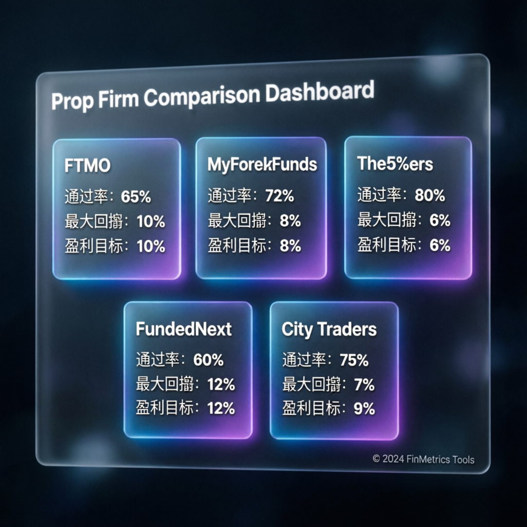 Prop firm comparison dashboard showing multiple evaluation options