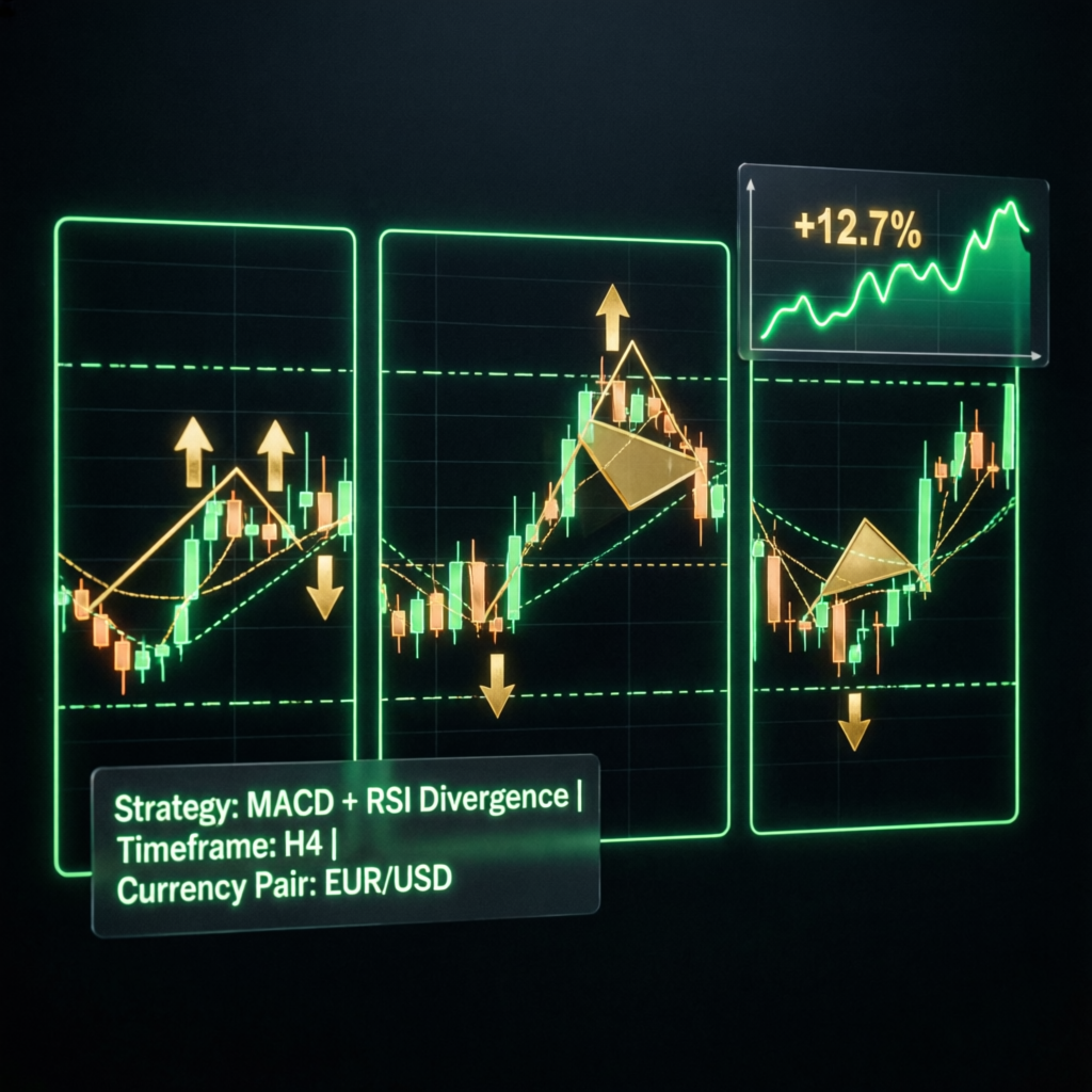 Professional forex trading strategy visualization with MACD and RSI indicators