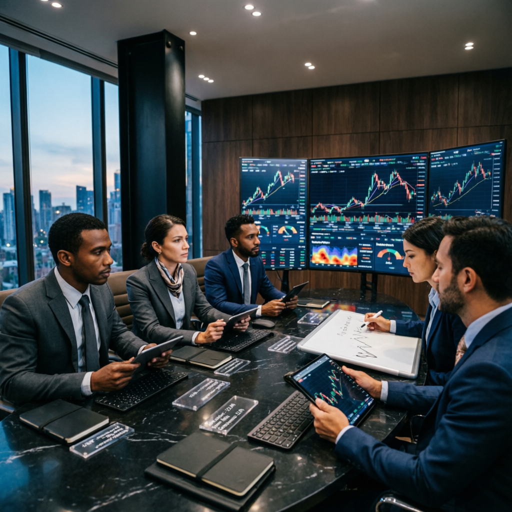 Professional prop firm trading team analyzing charts and strategies in modern office