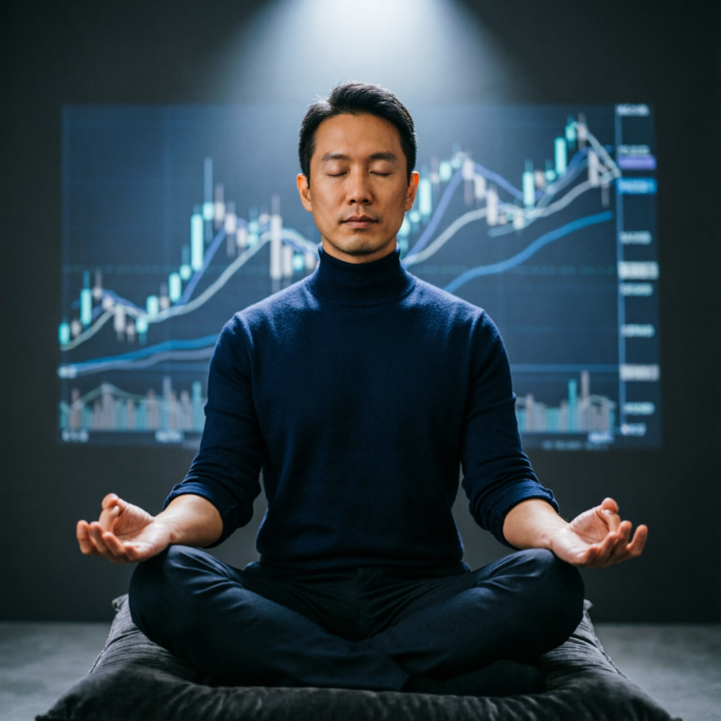 Trading psychology - focused trader meditating with charts in background
