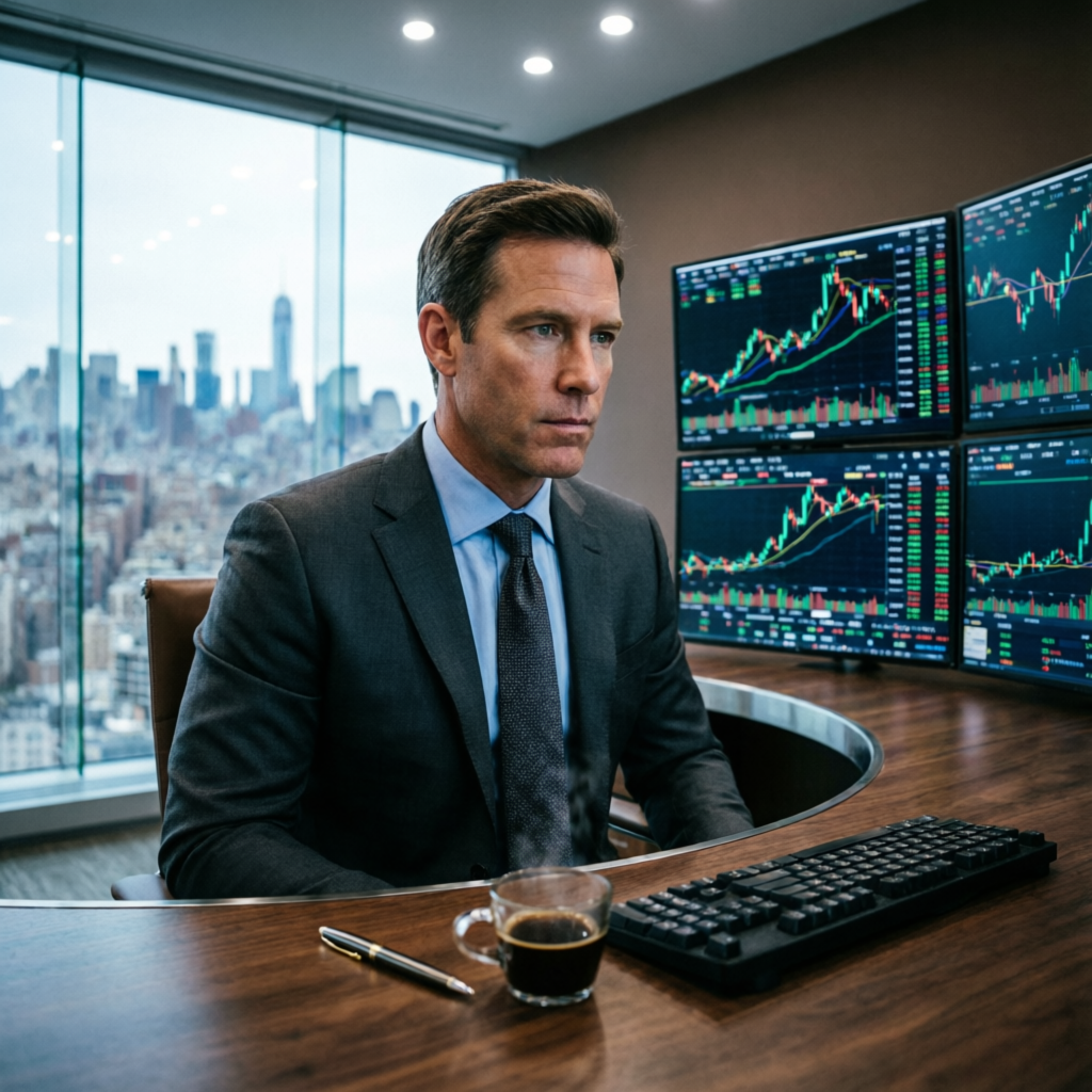 Professional forex trader analyzing Apex funded account charts in premium Wall Street office