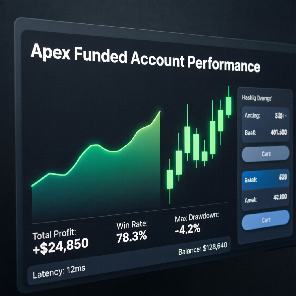 Apex Funded Account Performance dashboard showing profit, win rate, and drawdown metrics