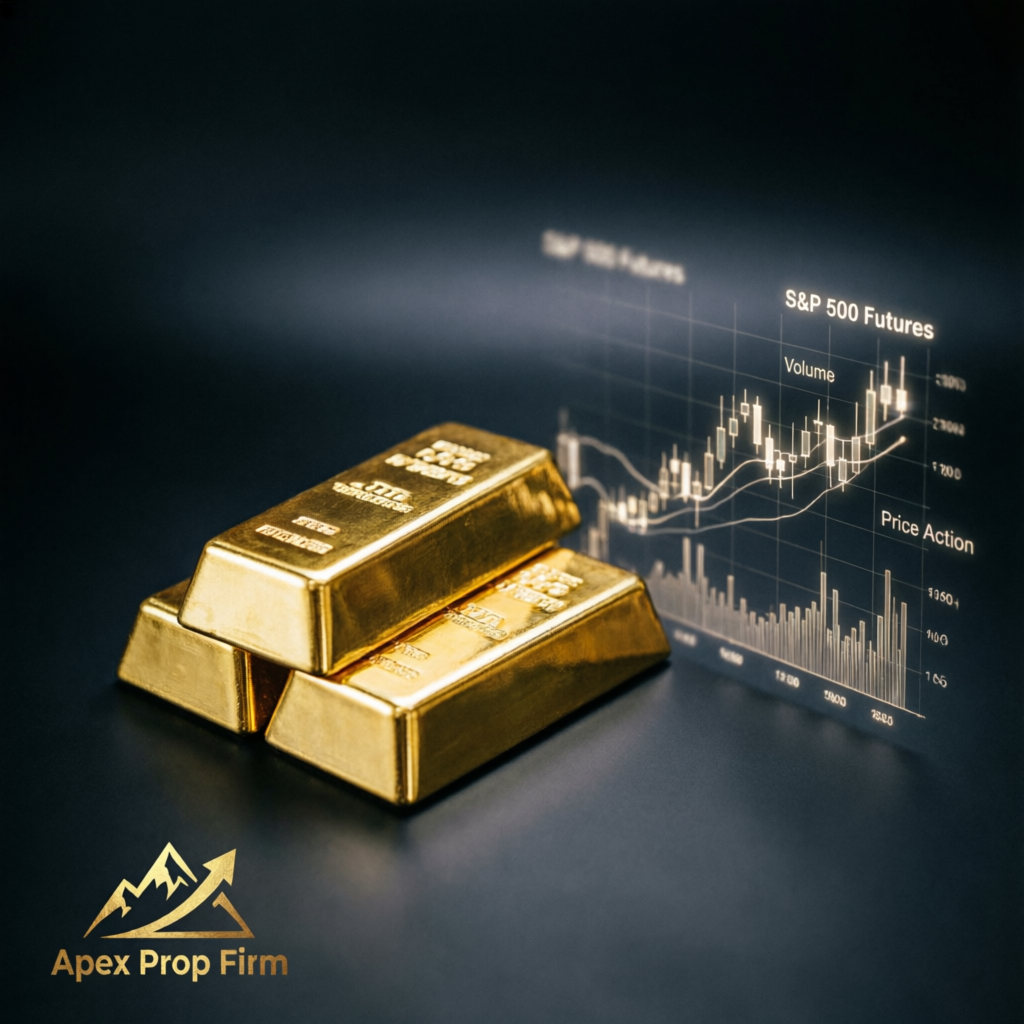 Apex Prop Firm futures trading with gold bars representing funded account capital