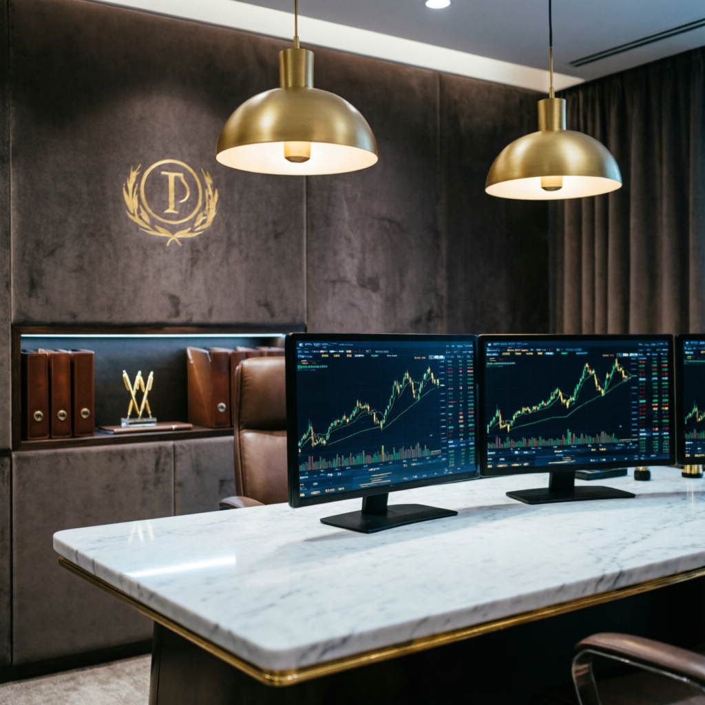 Luxury financial office with premium trading setup and multiple monitors