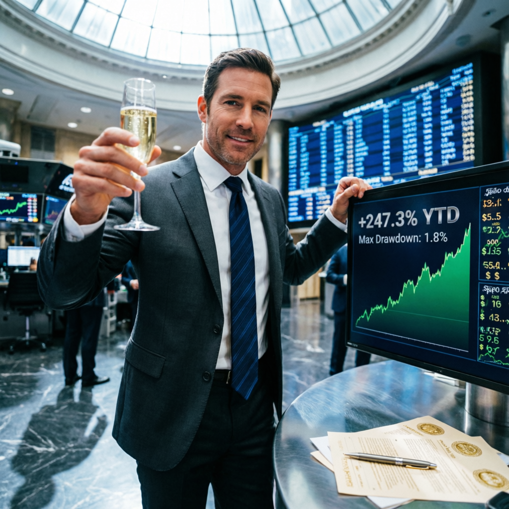Successful funded trader celebrating profits with champagne in trading floor