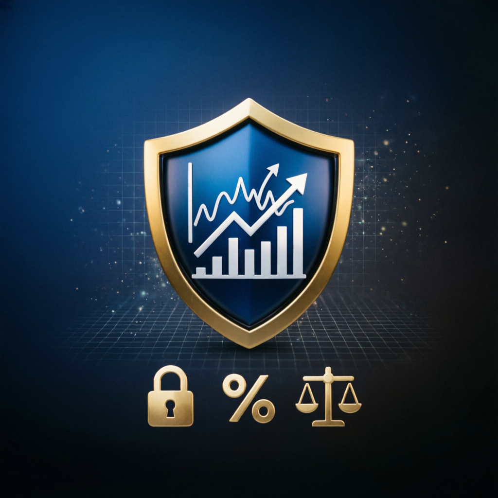 Risk management shield with financial charts representing secure prop firm passing service