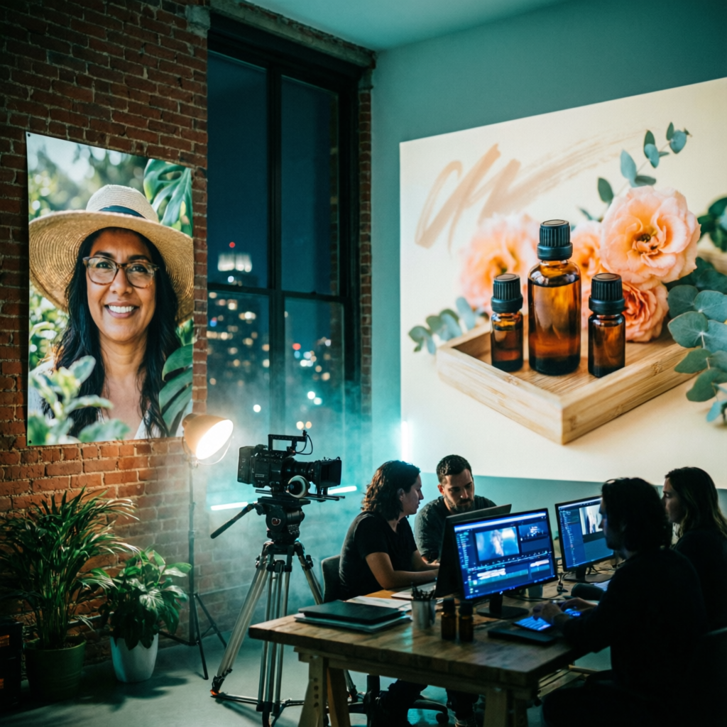 Estudio de El Pool de noche: póster vertical de una emprendedora con sombrero de paja y gran banner horizontal de aceites esenciales en frascos ámbar; el equipo edita contenido bajo luz cian