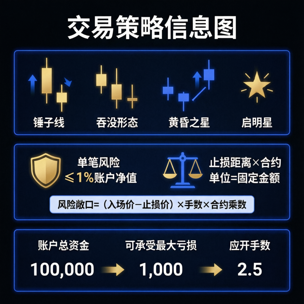 Trading strategy infographic with risk management and position sizing - PFM Capitals