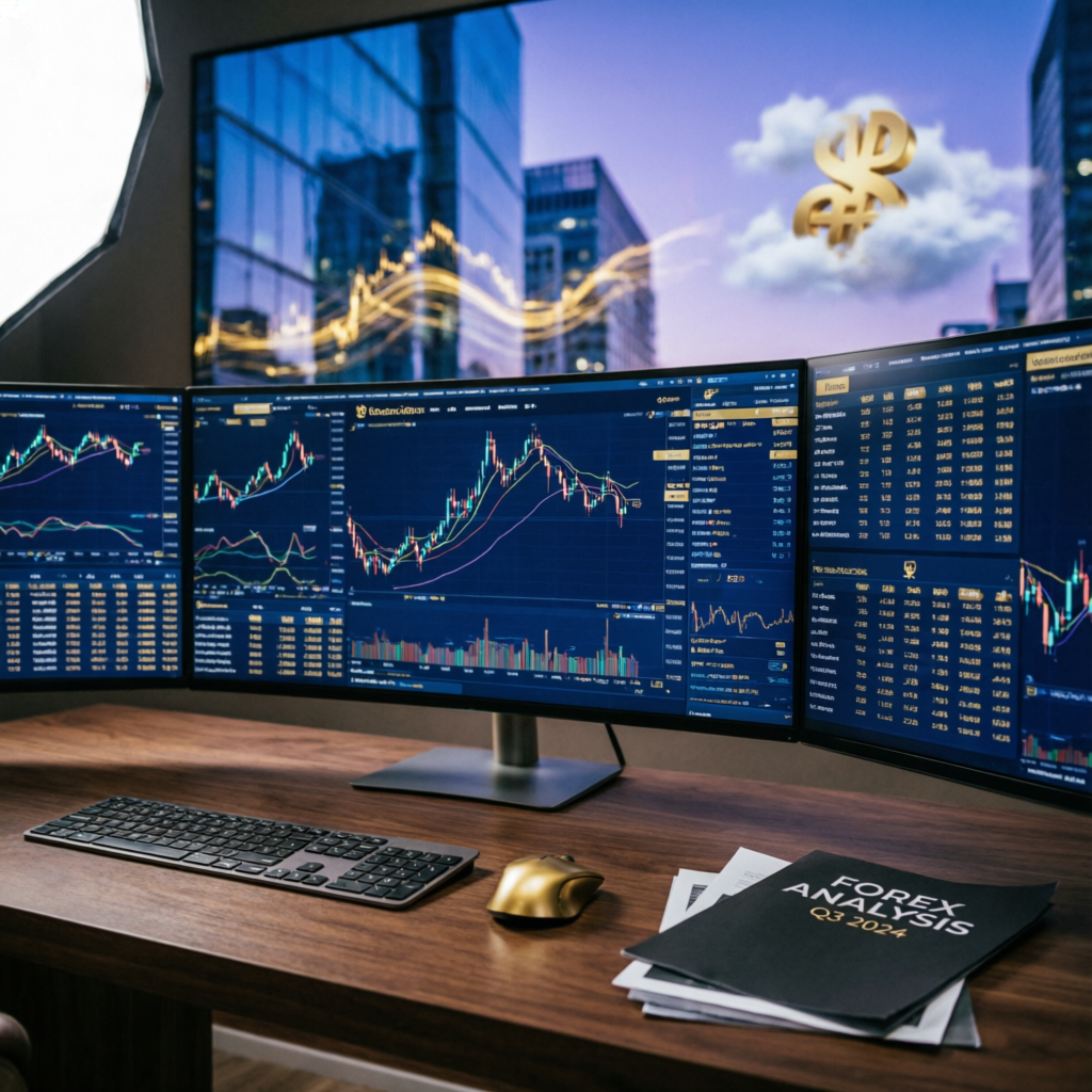 Professional forex trading setup with multiple monitors - PFM Capitals prop firm passing service
