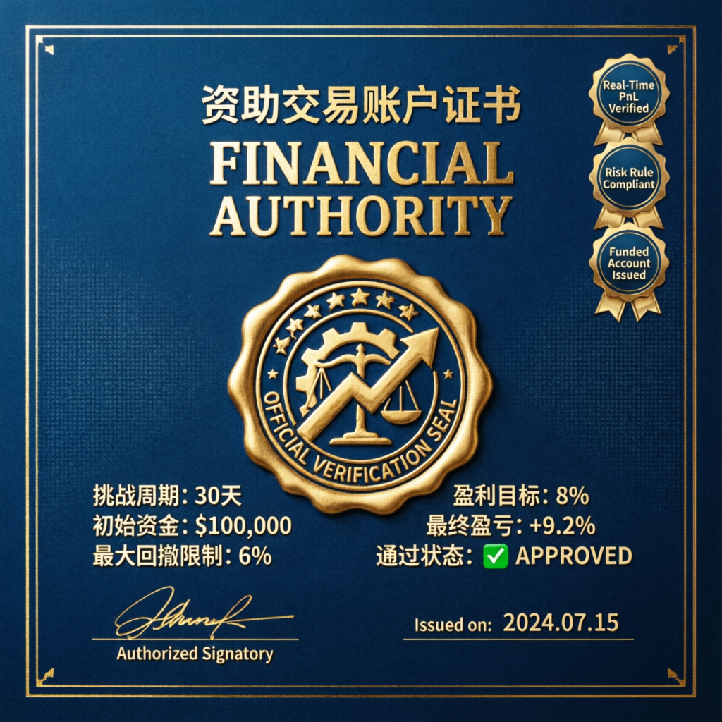 Funded account certificate - PFM Capitals successful challenge completion