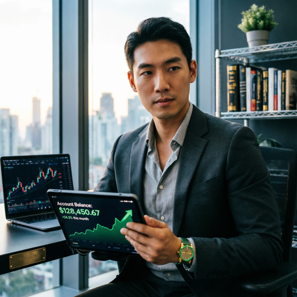 Funded trader showing successful topstep funded account balance growth on tablet with professional trading setup