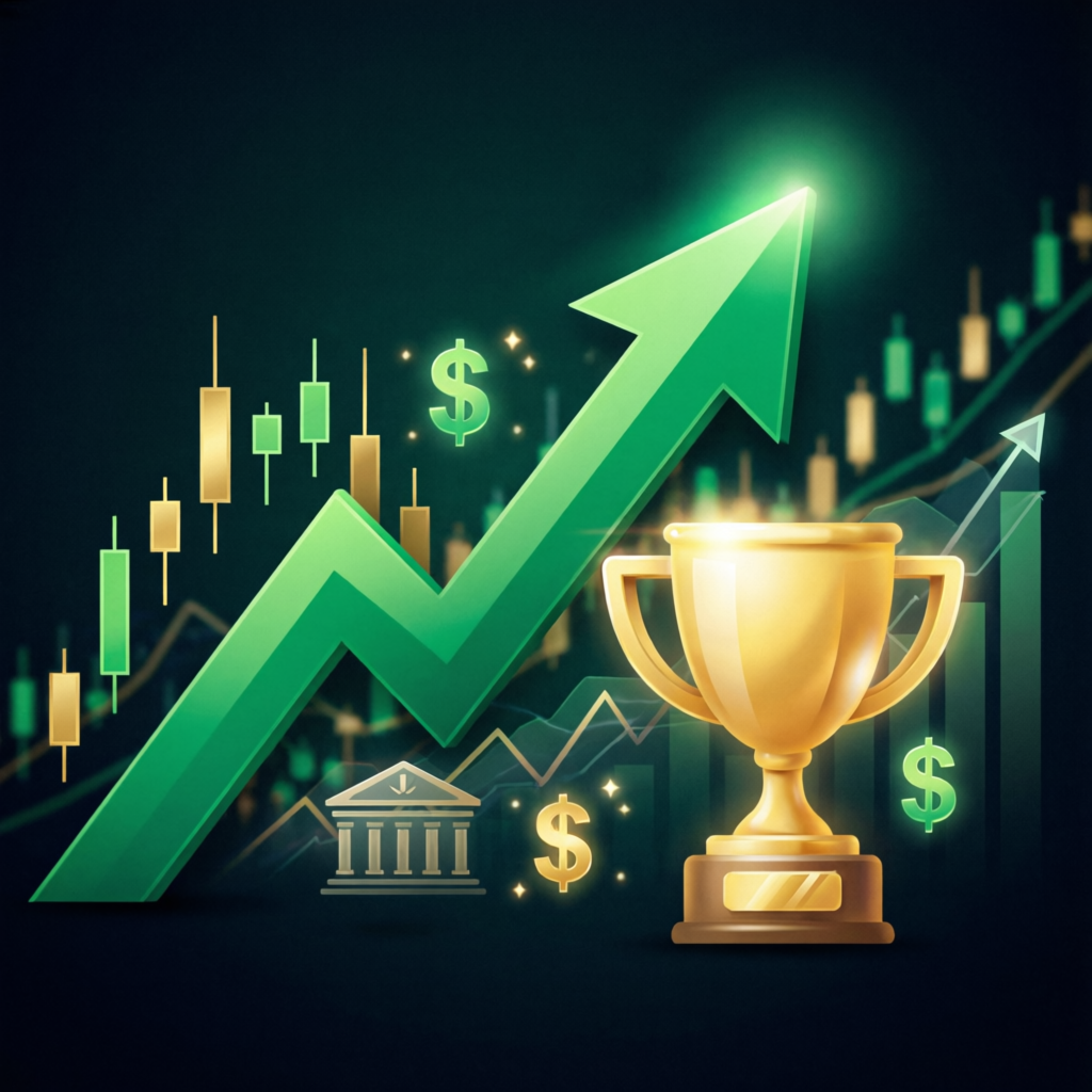 Trading success trophy and upward chart arrow for topstep combine fast pass achievement