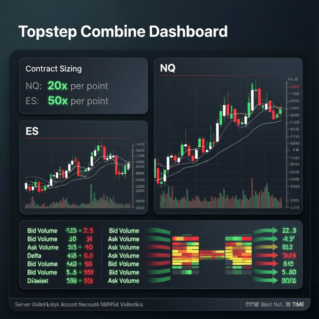 Topstep Combine Dashboard showing contract sizing, NQ and ES futures charts for how to pass topstep combine fast