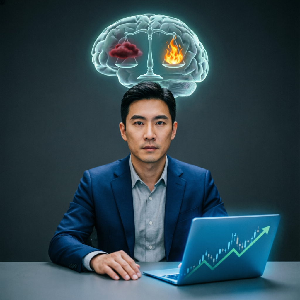 Trading psychology and discipline showing trader with balanced brain, emotional control concept for topstep combine success