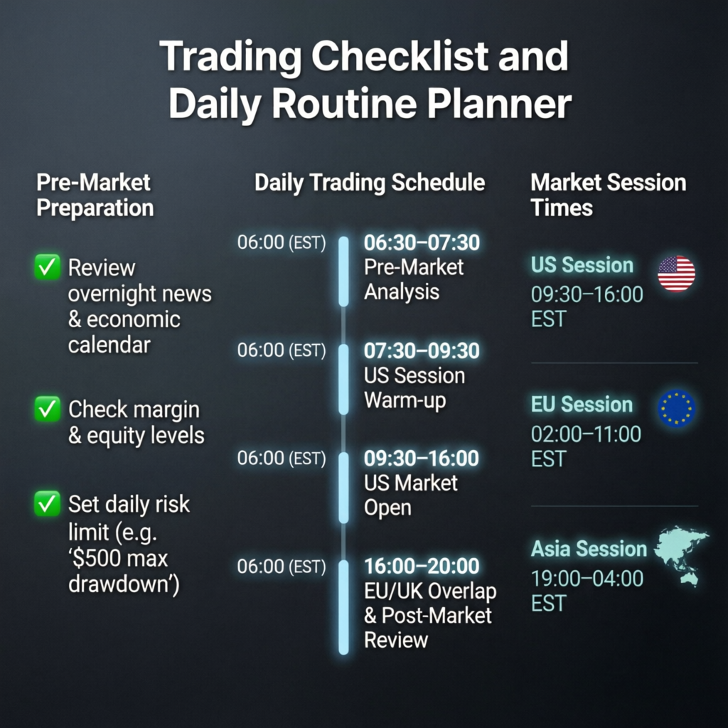 Trading Checklist and Daily Routine Planner showing pre-market preparation, daily schedule, and market session times for topstep combine