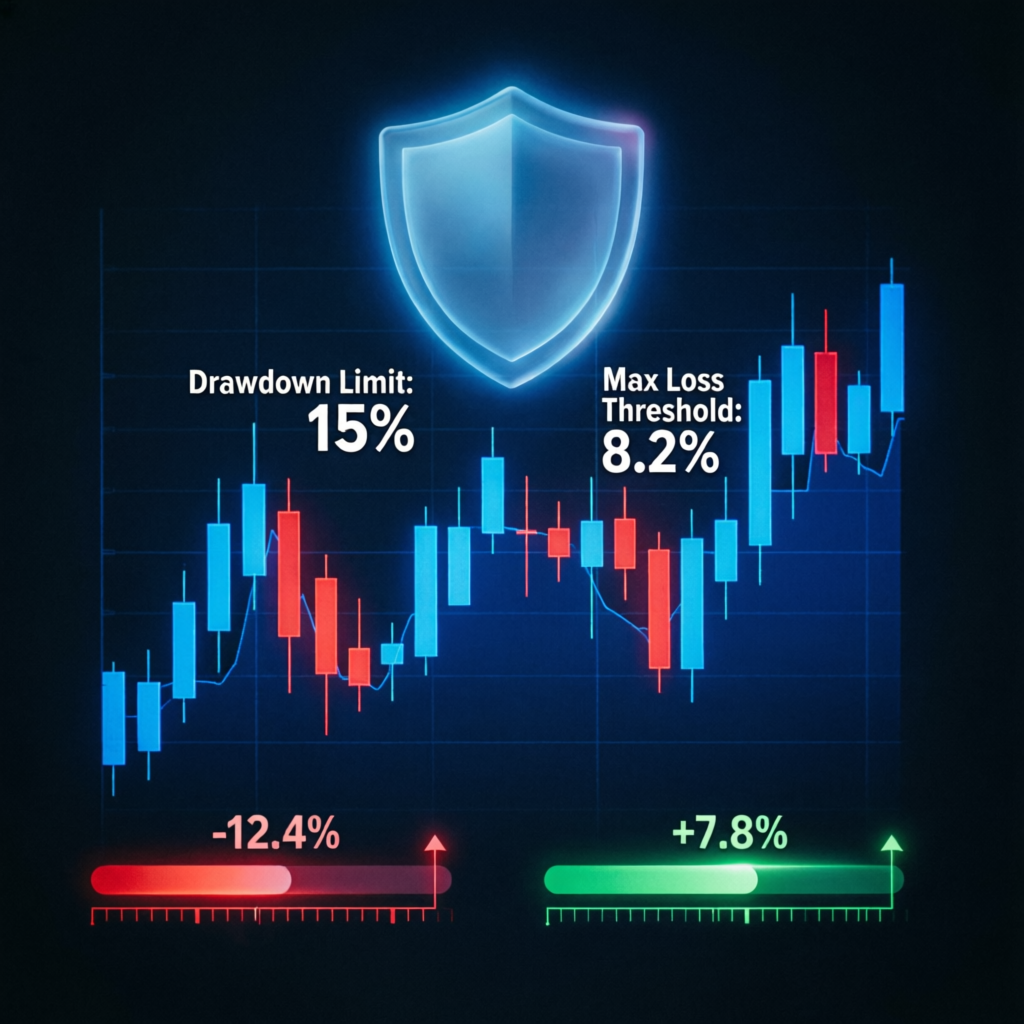 Risk management shield protecting trading charts showing drawdown limit and max loss threshold for topstep combine
