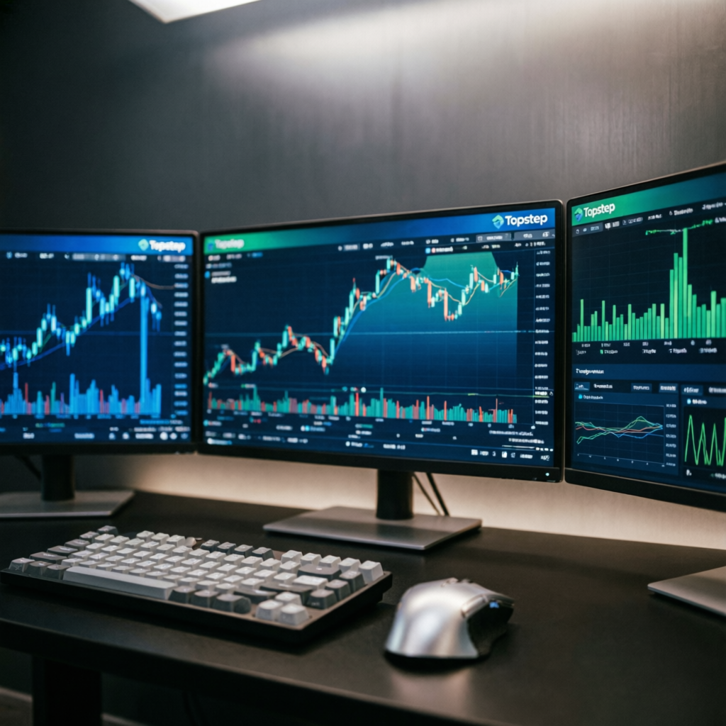 Professional trading desk setup with Topstep combine charts showing how to pass topstep combine fast