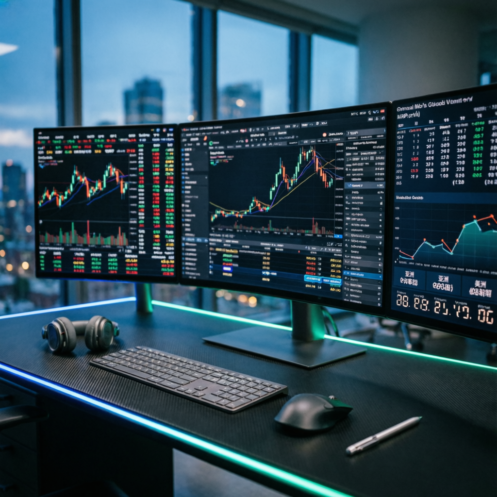 Professional trading setup with multiple monitors showing futures markets