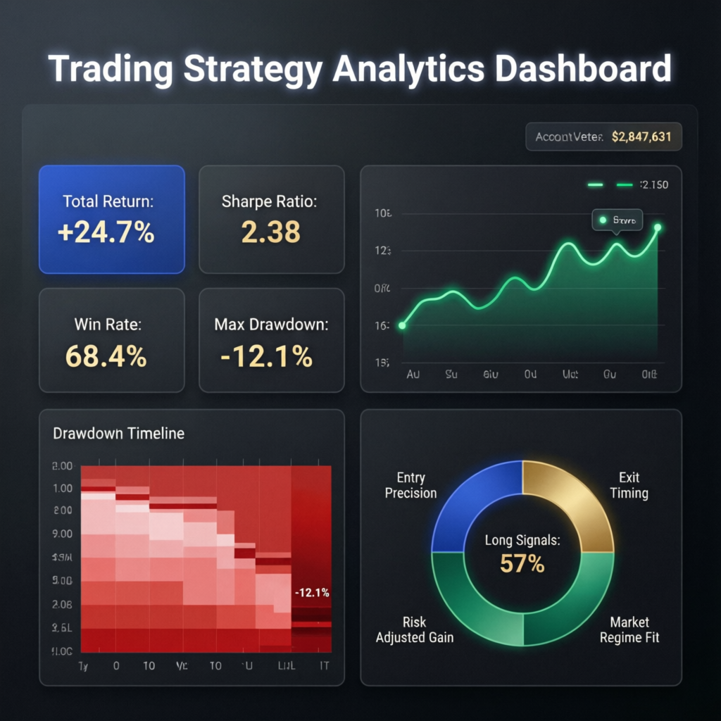 Trading strategy analytics dashboard with performance metrics