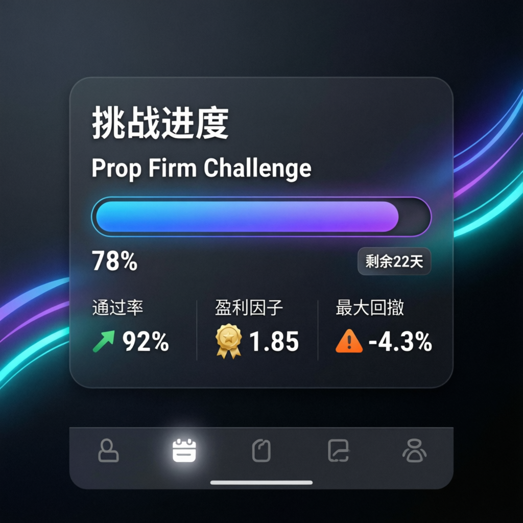 Prop firm challenge progress tracker showing 78% completion