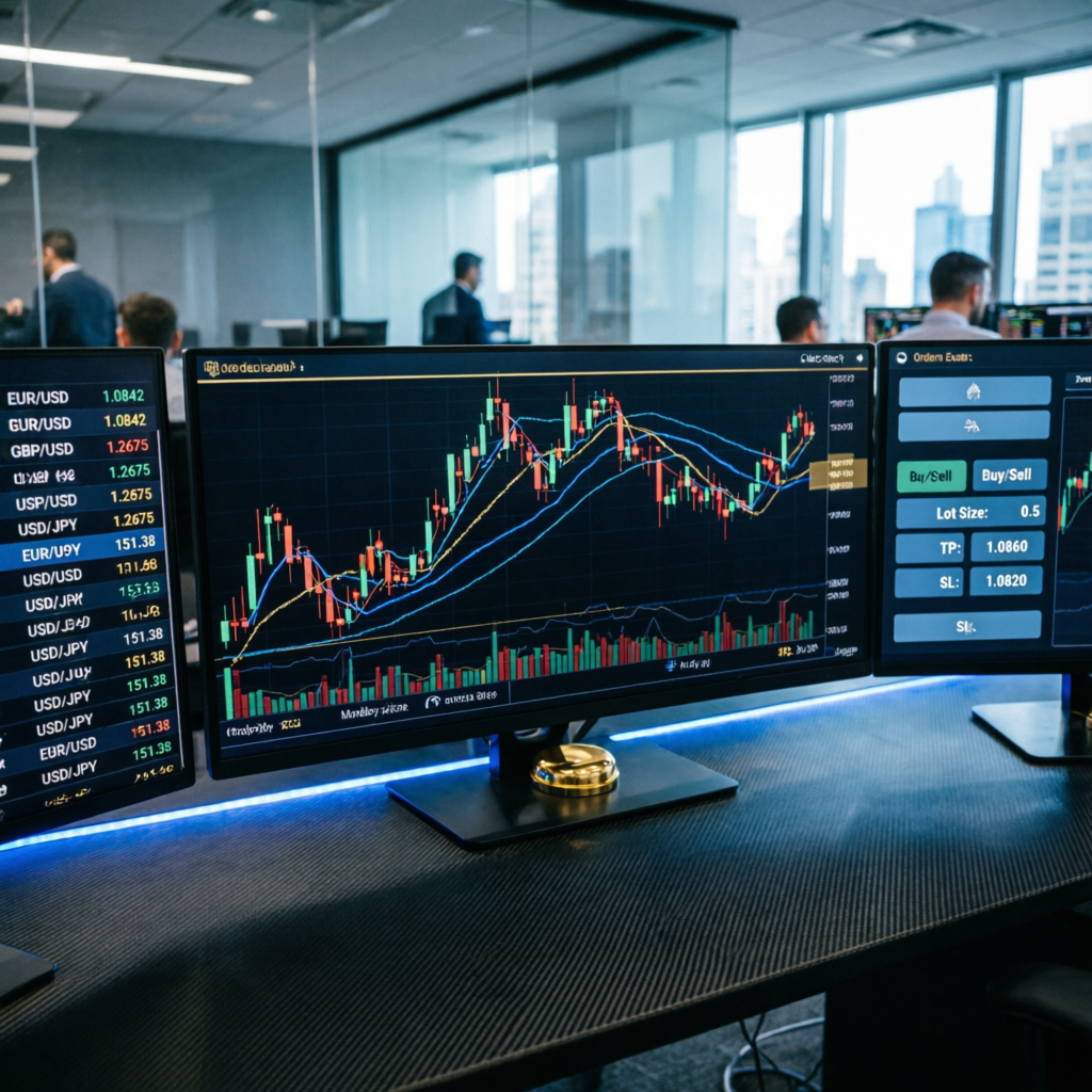 Professional forex trading dashboard showing FTUK prop firm challenge progress with candlestick charts and financial data analysis
