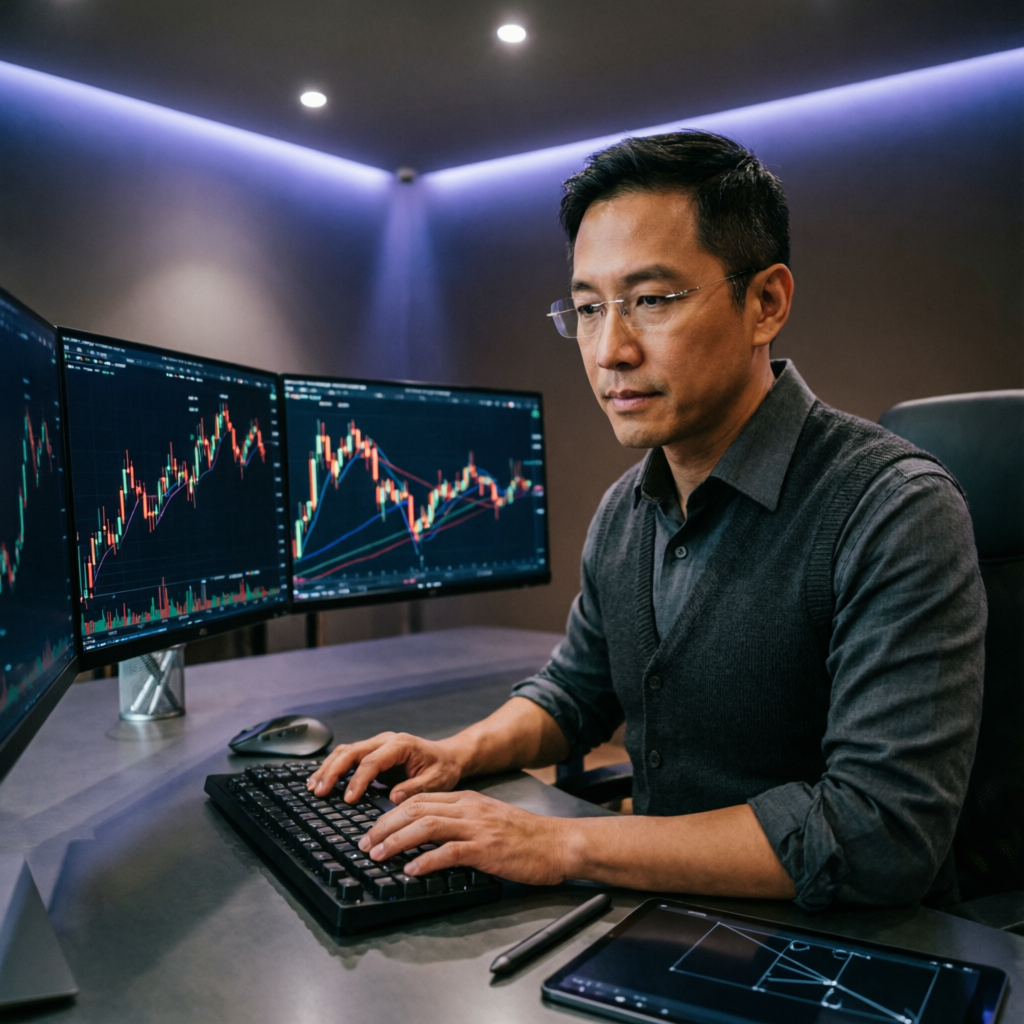 Professional forex trader analyzing candlestick charts on multiple monitors in a modern trading room environment