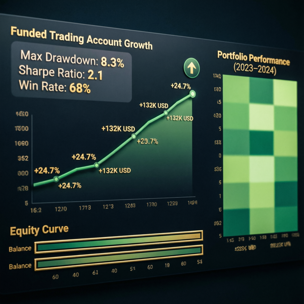 Funded trading account growth chart showing portfolio performance metrics including max drawdown, Sharpe ratio, and win rate statistics
