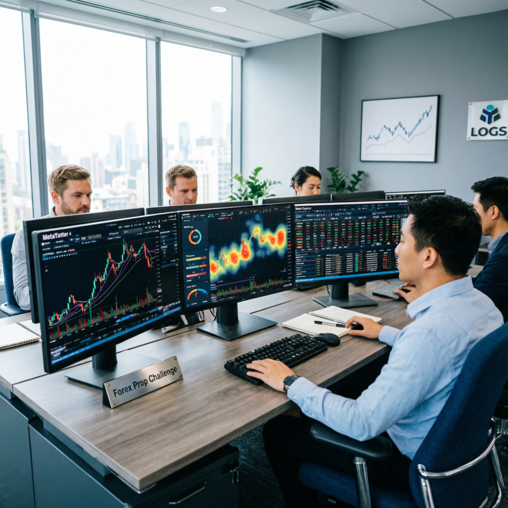 Professional trading team collaborating on forex prop firm challenge analysis in a modern office with multiple monitors
